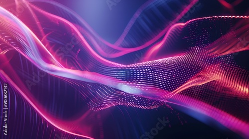 Abstract digital background with pink and blue glowing lines and waves.