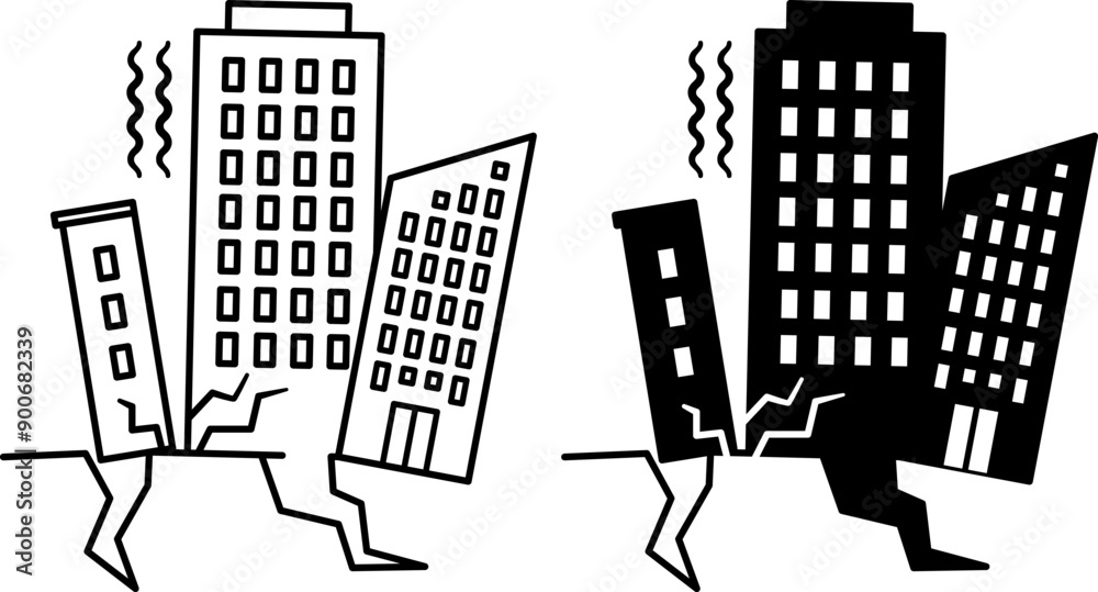 Obraz premium Earthquake Icons. Black and White Vector Icons. Destroyed Multi-Storey Buildings. Natural Disaster, Ecological Problem. Climate Change Concept