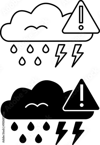 Extreme Weather Icons. Black And White Vector Icons. Rain Cloud And Danger Sign. Storm Warning. Ecological Problem. Climate Change Concept