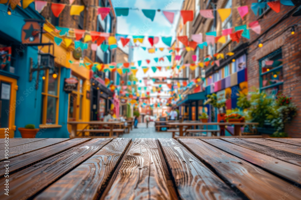 Naklejka premium A colorful street scene with vibrant flags hanging across, wooden tables, and buildings in various shades, creating a festive and lively atmosphere.
