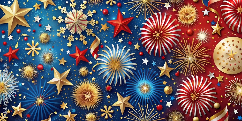 Vibrant red, white, and blue stars and stripes pattern with gold accents, confetti, and fireworks elements for a festive patriotic Fourth of July background design.