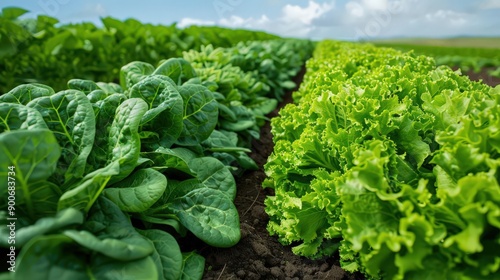 Fresh green lettuce and spinach growing in a vibrant agricultural field under a clear blue sky.