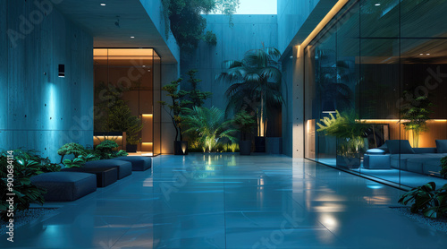 Luxury residential mansion interior hallway at night, glass walls, heavy security force, blue and turquoise tones, leather modern couches, concrete tiling, greenery on walls. Generative AI.