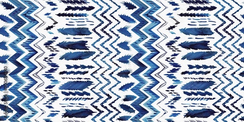 Summery ikat zig zag border pattern in painterly brushstroke digital design. Modern coastal living printed textile decor in seamless banner tape template. photo