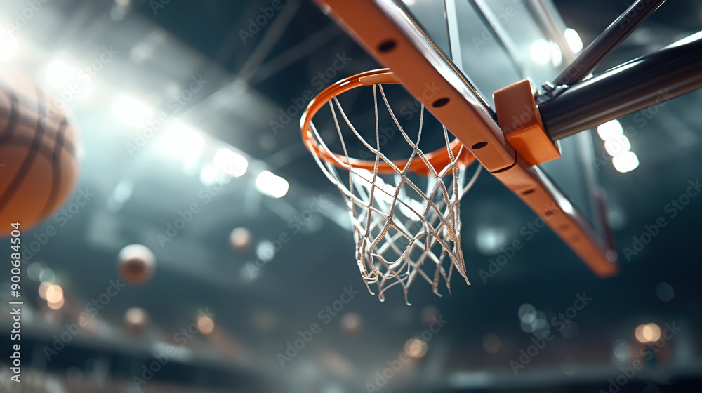 Close-up view of a basketball hoop with an orange rim and net in an indoor court, with basketballs in motion in the background. Close-up view of a basketball hoop with an orange rim and net in an indoor court, with basketballs in motion in the background.