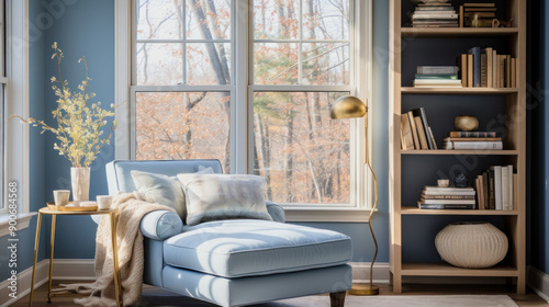 Cozy light blue armchair in a home library photo