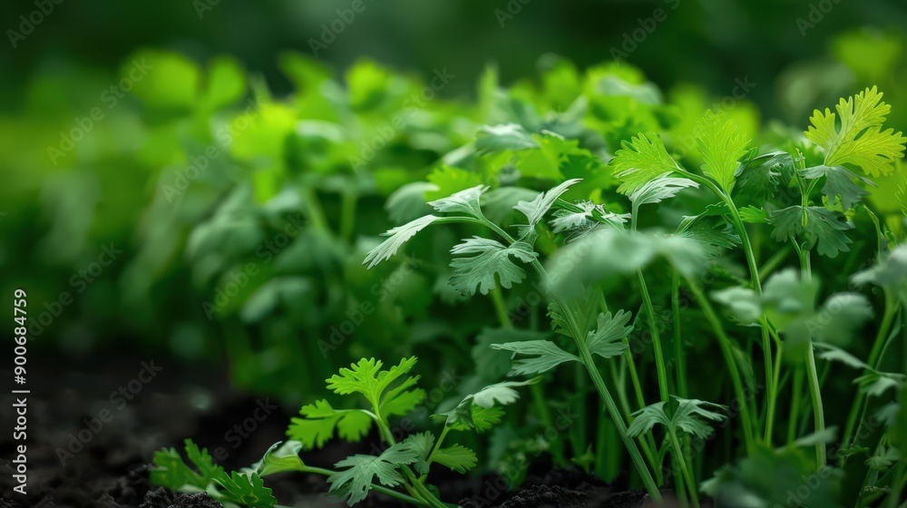 Fresh and vibrant cilantro leaves growing in rich soil, showcasing healthy green foliage, ideal for culinary and gardening themes. Fresh and vibrant cilantro leaves growing in rich soil, showcasing healthy green foliage, ideal for culinary and gardening themes.