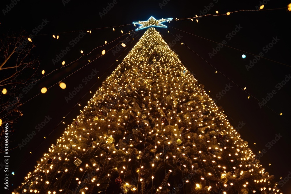Towering christmas tree glows with festive lights and a star topper ...