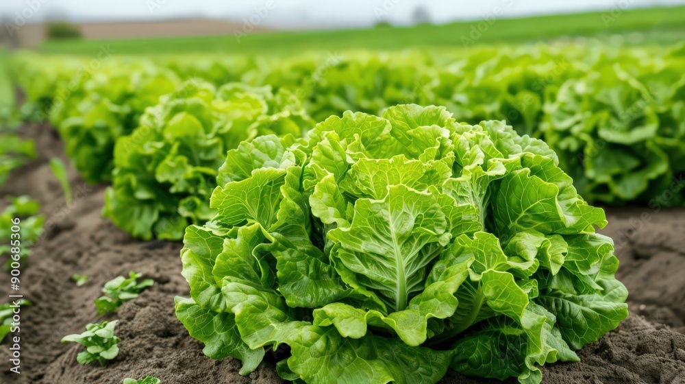 Fresh green lettuce growing in a field, showcasing healthy leaves and rich soil, ideal for agriculture and farm-related themes. Fresh green lettuce growing in a field, showcasing healthy leaves and rich soil, ideal for agriculture and farm-related themes.