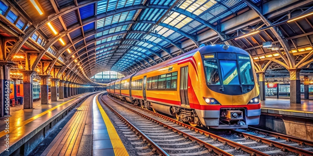 Vibrant and engaging image of a train on the tracks in a busy station , train, tracks, station, transportation, commute Vibrant and engaging image of a train on the tracks in a busy station , train, tracks, station, transportation, commute