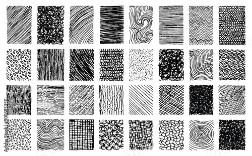 Abstract black pen scribble element set. Ink texture layout bundle. Hand drawn crosshatch textures pack. Grunge overlay background.