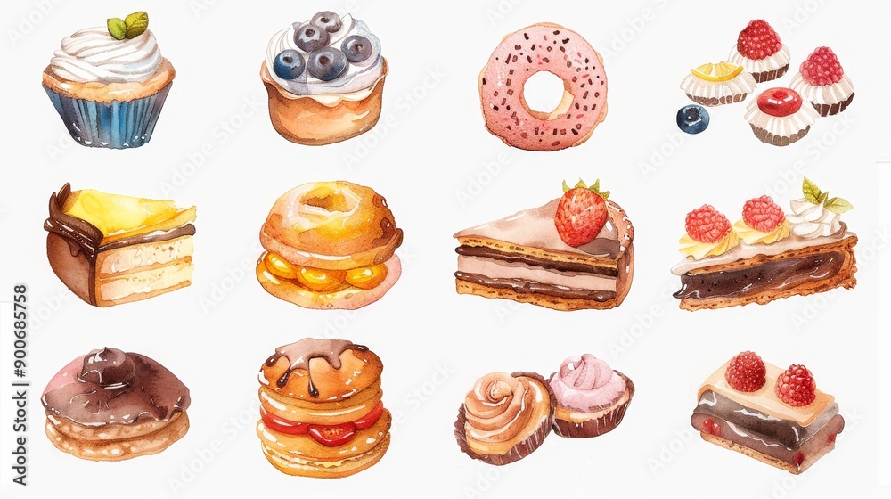 Pastry set. White background. Watercolor illustrations Pastry set. White background. Watercolor illustrations