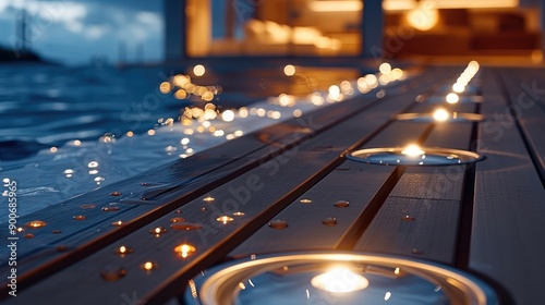 In the deck, the deck lights are laid on the deck floor, providing a detailed view of the deck lights. The seawater rushes onto the lights. Generative AI.