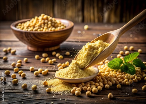 Warmly lit, creamy white besan powder pours from a small wooden spoon onto a rustic wooden table, surrounded by scattered chickpeas and a hint of Indian spice. photo