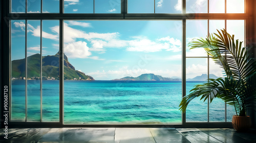 Stunning seascape view through large windows, featuring clear blue water, islands, and lush greenery under a bright summer sky. high quality.