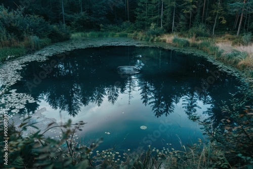 Tranquil scene of a forest pond with water ripples, reflecting trees at dusk