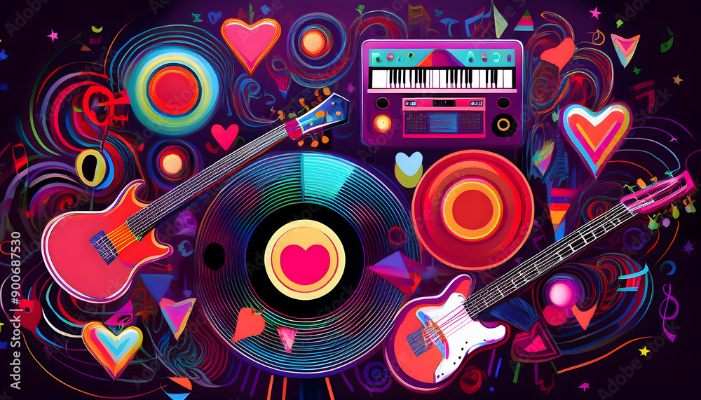 Music background with e-guitars, records, sound-waves, hearts, lips, tongues, drums. Cubism rocknroll-style. Music background with e-guitars, records, sound-waves, hearts, lips, tongues, drums. Cubism rocknroll-style.