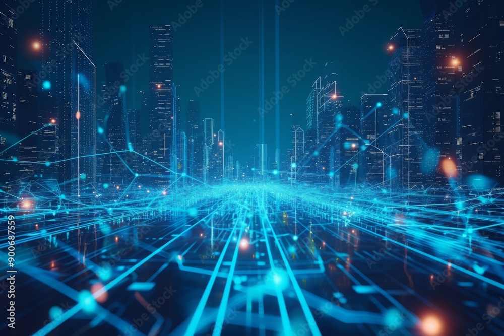 A digital rendering depicts a futuristic city at night, with glowing blue network lines connecting buildings and extending into the distance A digital rendering depicts a futuristic city at night, with glowing blue network lines connecting buildings and extending into the distance