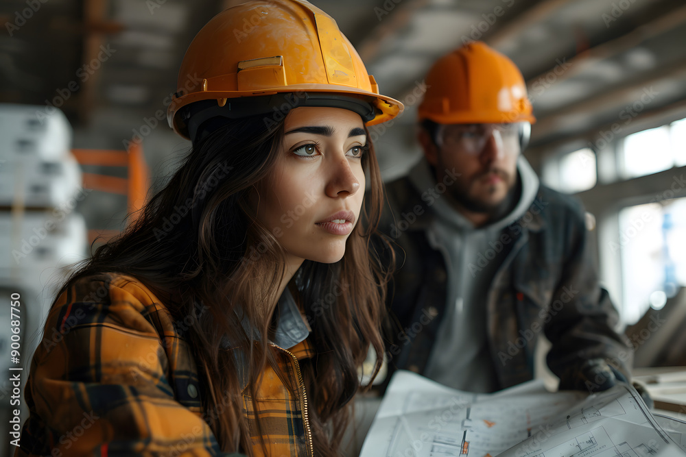 An architect looking at the plans for a new construction and checking that everything is okay An architect looking at the plans for a new construction and checking that everything is okay