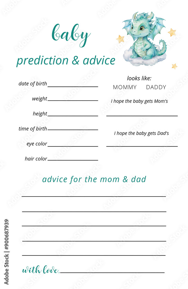 Cute baby dragon watercolor prediction and advice card, nursery Cute baby dragon watercolor prediction and advice card, nursery