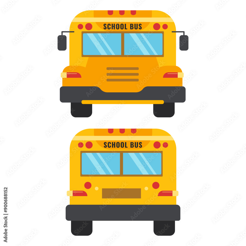 Yellow School Bus. Back to school concept. Front and back view. Flat vector illustration isolated on white background Yellow School Bus. Back to school concept. Front and back view. Flat vector illustration isolated on white background