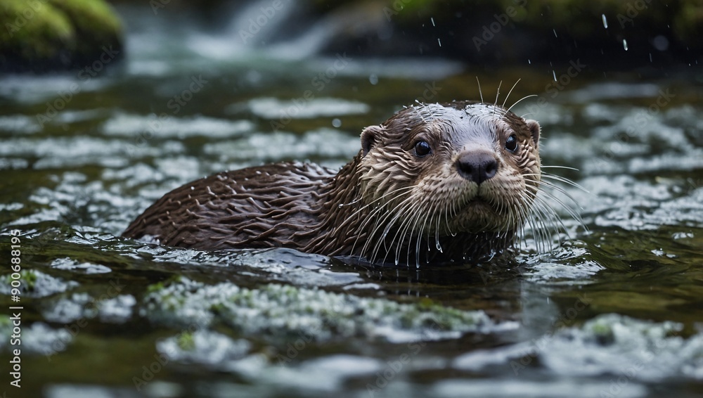 Wet whiskered otter sliding from mossy rock into a crystal-clear stream Wet whiskered otter sliding from mossy rock into a crystal-clear stream