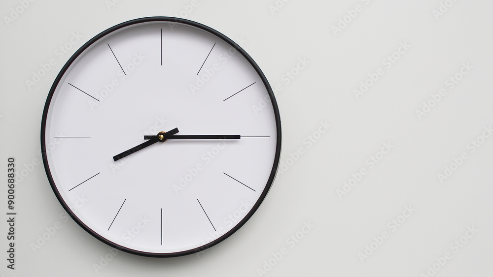 Wall Clock Showing 20.15/08.15 O'Clock on White Wooden Surface - Perfect for Time Management and Scheduling Concepts Wall Clock Showing 20.15/08.15 O'Clock on White Wooden Surface - Perfect for Time Management and Scheduling Concepts