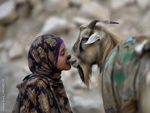 A girl kissing on the goat head, 