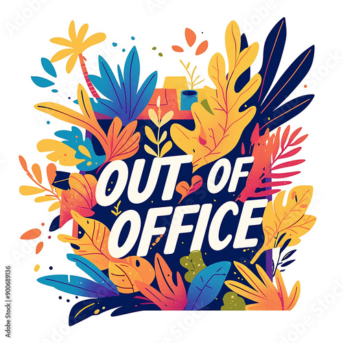 A colorful poster with a large green leaf that says 