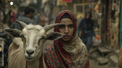 A Pakistani girl standing in the street along with the goat