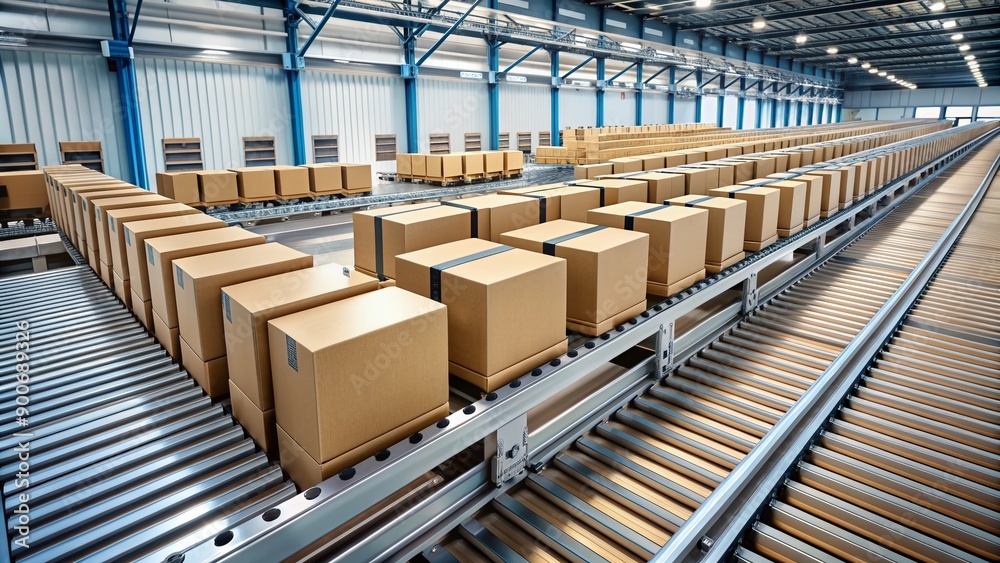 Neatly stacked rows of cardboard boxes glide along a modern conveyor belt in a clean and organized distribution warehouse with bright overhead lighting. Neatly stacked rows of cardboard boxes glide along a modern conveyor belt in a clean and organized distribution warehouse with bright overhead lighting.