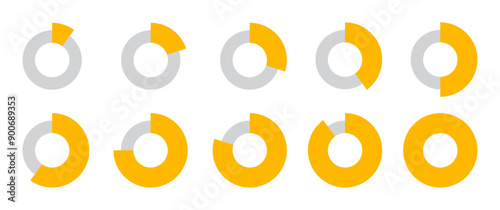 0 to 100 Infographic divided circles set in yellow and grey color horizontal thin and thick circles new style. Circle loading or progress collection with 0 10 20 30 40 50 60 70 80 90 100 percent.