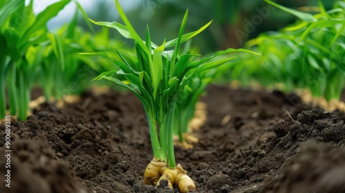 Close-up view of healthy ginger plants growing in rich soil, showcasing vibrant green leaves and roots. photo