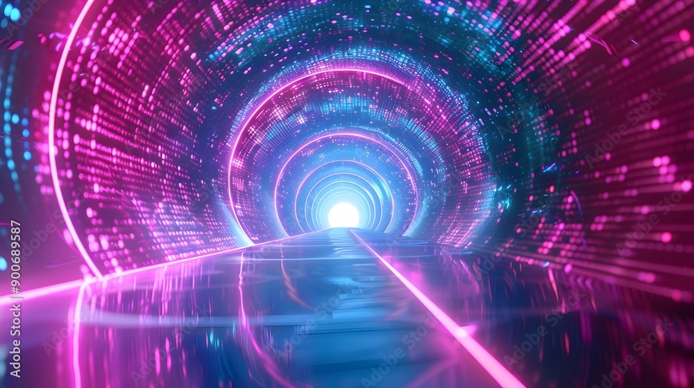 Striking TechnoInfused Neon Arch in Vibrant Pink and Blue Hues with Dynamic Light Patterns Striking TechnoInfused Neon Arch in Vibrant Pink and Blue Hues with Dynamic Light Patterns
