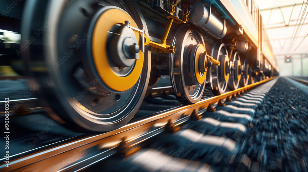 Fototapeta premium Close-up of moving train wheels on railway tracks with motion blur effect, showcasing the mechanical details and dynamics of the train in motion.