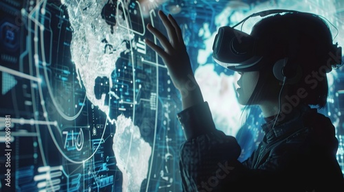 Woman wearing virtual reality headset interacts with a futuristic holographic world map