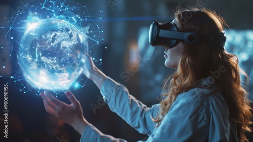 Woman in VR headset interacting with a virtual globe
