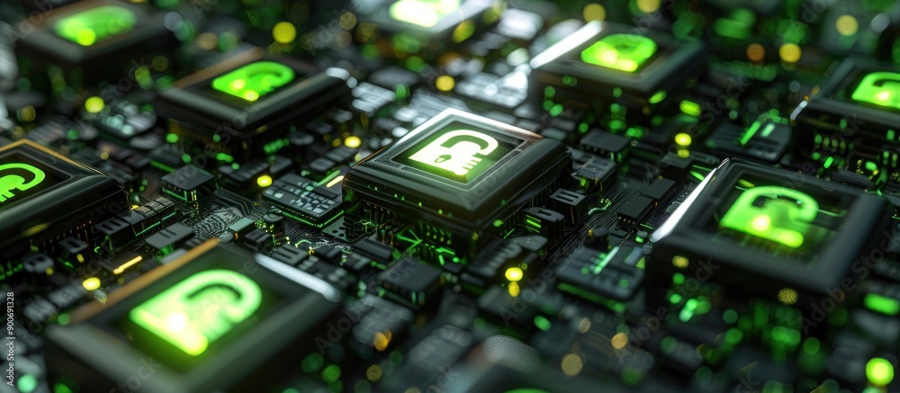 Fototapeta premium Green Lock Icons Embedded in a Circuit Board