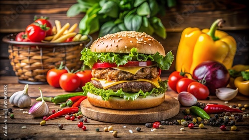 A mouthwatering juicy burger sits in front of an empty plate, surrounded by discarded healthy options, emphasizing the struggle with unhealthy food cravings. photo