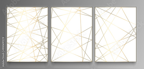 Set of luxury posters with golden lines. White textured backgrounds, decorated with shiny gold. Geometric vertical patterns for design.Vector