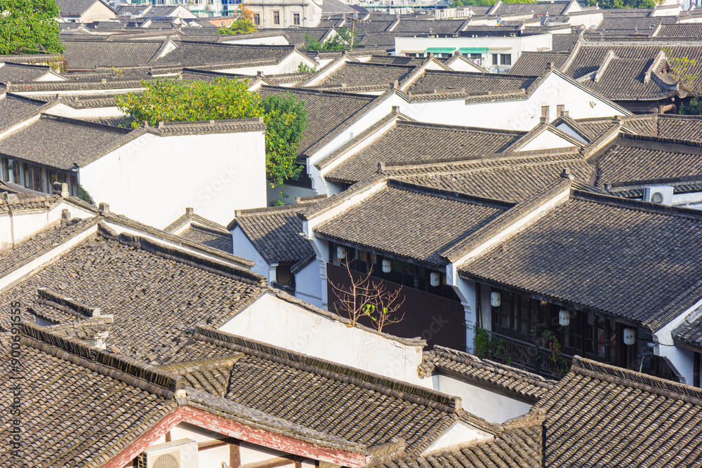 Tiled rooftops in the historic center of Hangzhou, China