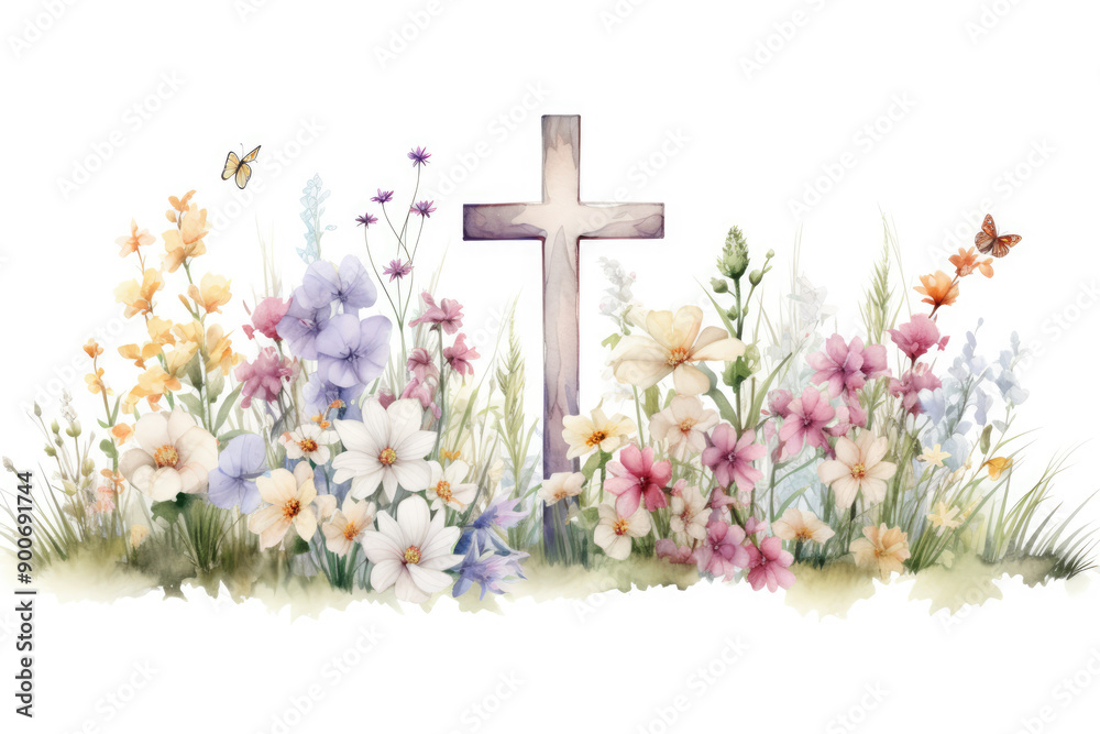 generated illustration of watercolor christian cross in flowers on white background generated illustration of watercolor christian cross in flowers on white background