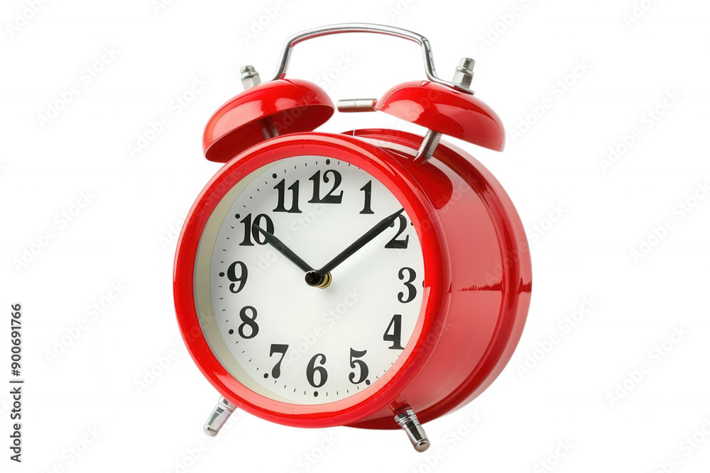 A classic red alarm clock with black hands and numbers, isolated on a black background. A classic red alarm clock with black hands and numbers, isolated on a black background.