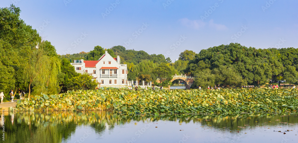 Panorama of the Quyuan garden at the West lake in Hangzhou, China