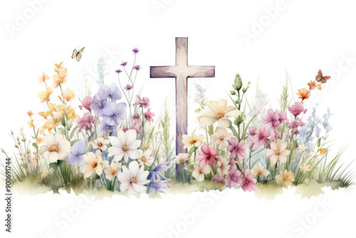 generated illustration of watercolor christian cross in flowers on white background