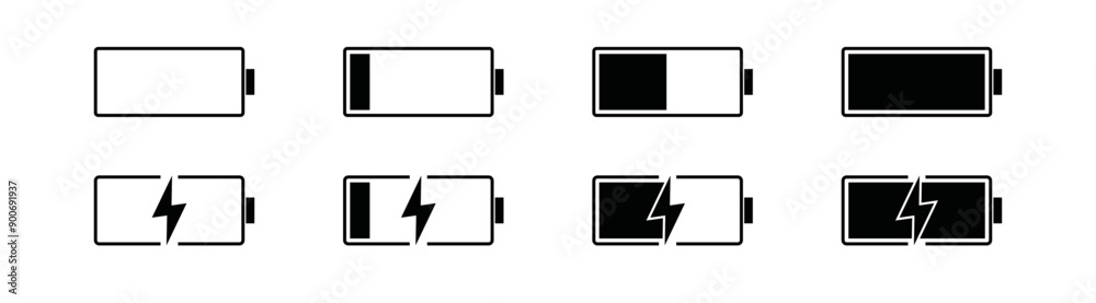 Black Battery Charging Icon - Battery Low to Full Indicator Black Battery Charging Icon - Battery Low to Full Indicator