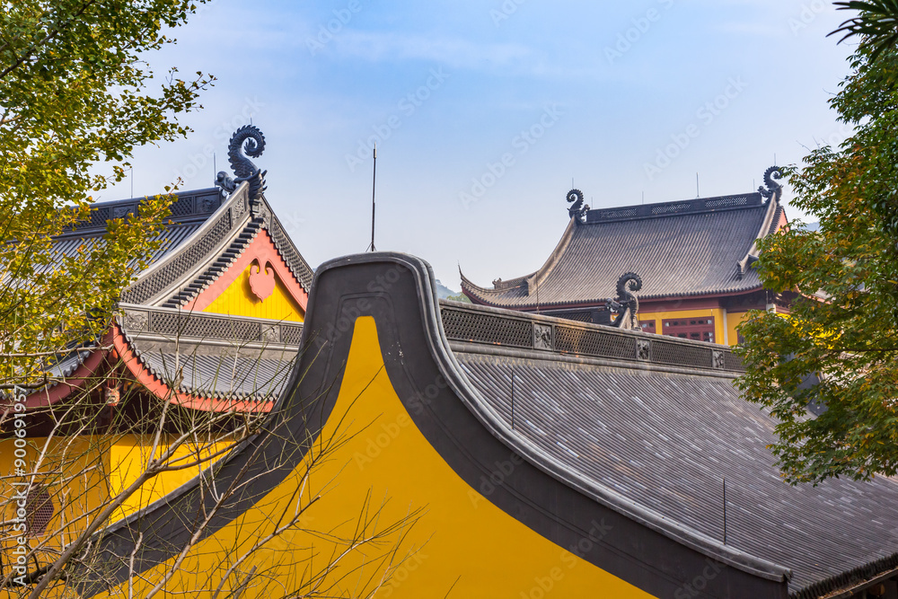 Rooftops of the historic Lingyin Temple in Hangzhou, China