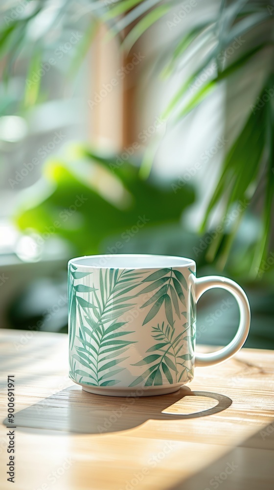 A stylish ceramic mug with tropical leaf patterns, placed on a wooden table amidst lush greenery, perfect for coffee lovers. A stylish ceramic mug with tropical leaf patterns, placed on a wooden table amidst lush greenery, perfect for coffee lovers.