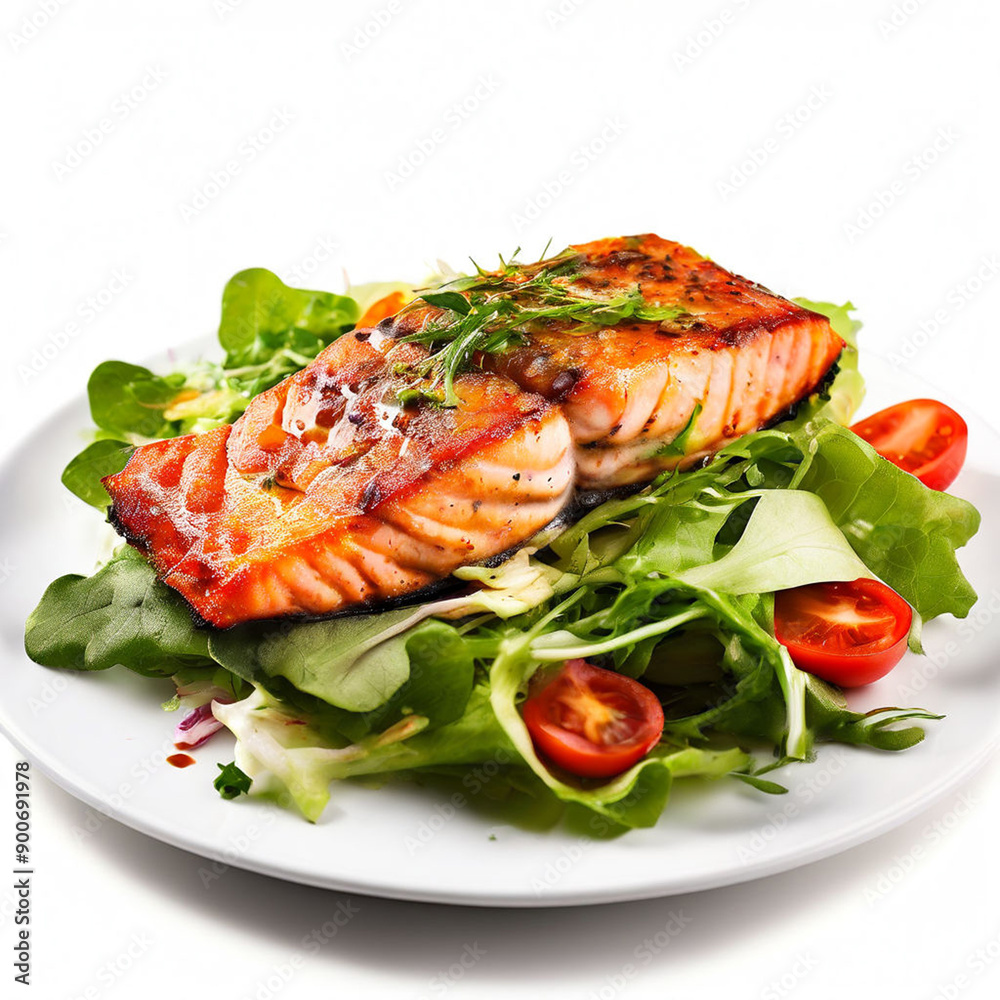 Fried salmon steak with salad white background Fried salmon steak with salad white background