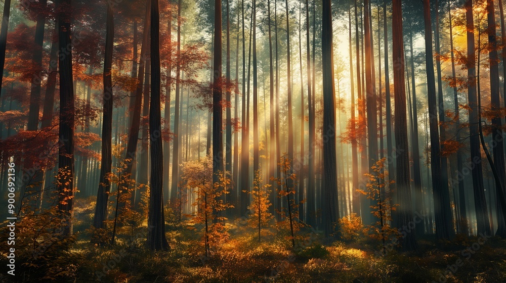 A tranquil forest scene with tall, slender trees and dappled sunlight filtering through, all in a minimalist style with rich colors. A tranquil forest scene with tall, slender trees and dappled sunlight filtering through, all in a minimalist style with rich colors.